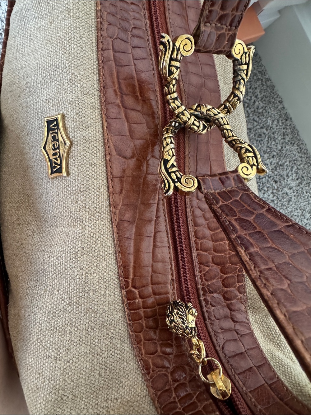 Vintage Vicenza 1990 Linen Leather Hobo Bag Ornate Gold Hardware